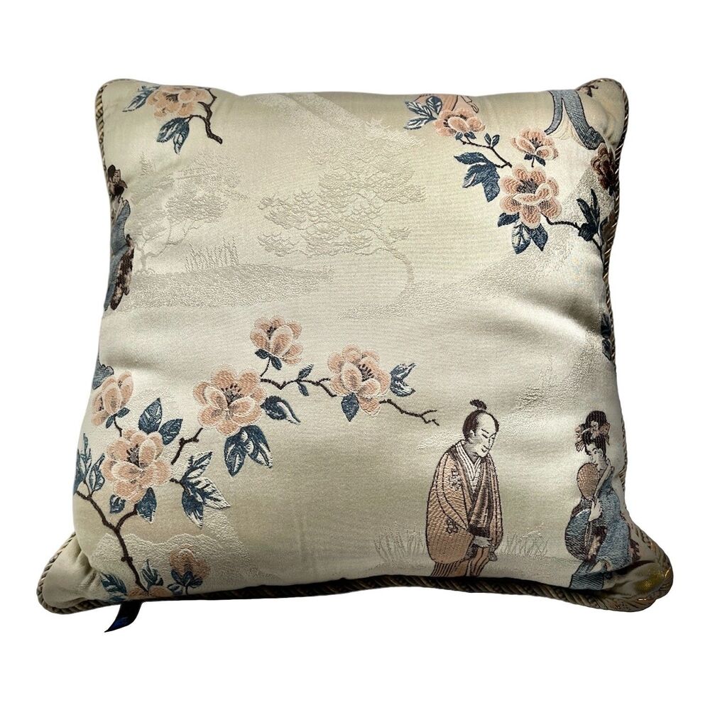 Vtg Dakotah Asian Chinese Floral Lady Man Tapestry Throw Pillow 15" X 15" USA